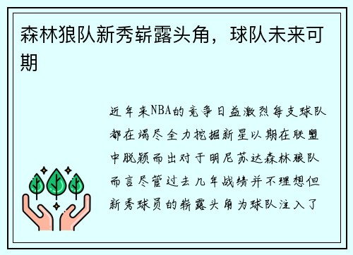 森林狼队新秀崭露头角，球队未来可期
